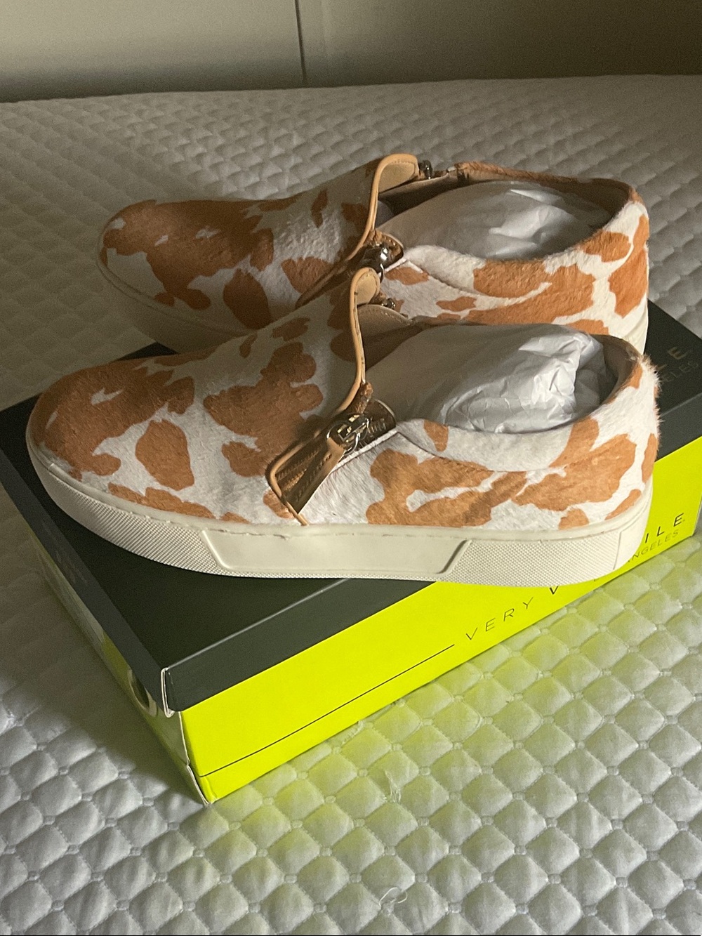 Very Volatile Cowhide-Print Slip On Sneakers in White and Tan